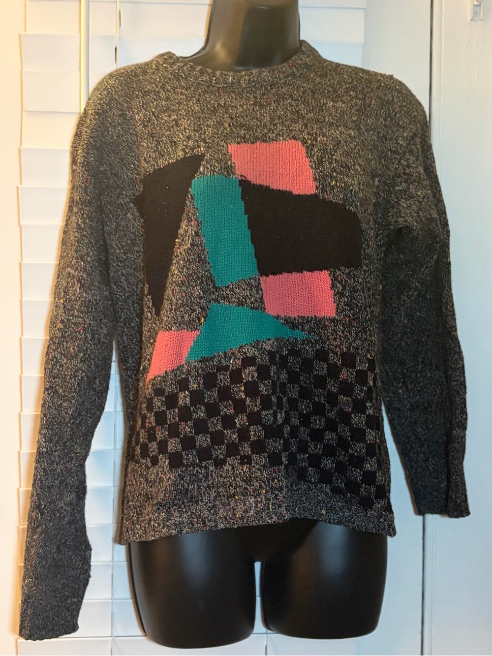 Gray Crewneck Sweater with Teal & Pink Abstract Pattern